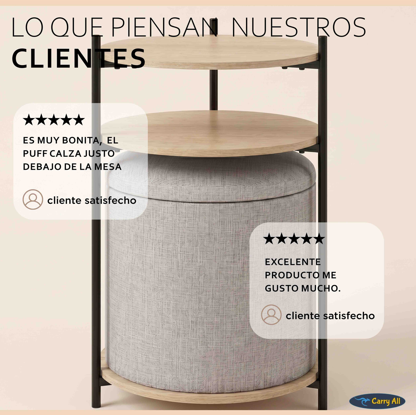 Mesa Centro Arrimo 3 Repisas Carry All Con Pouf Linea Minimalist