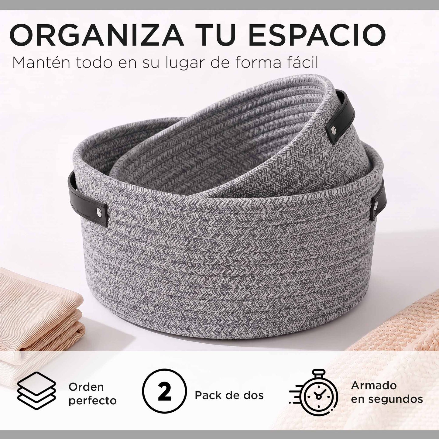 Set 2 Cestas Canastos Organizadores De Algodón Carry All Tonos Grises