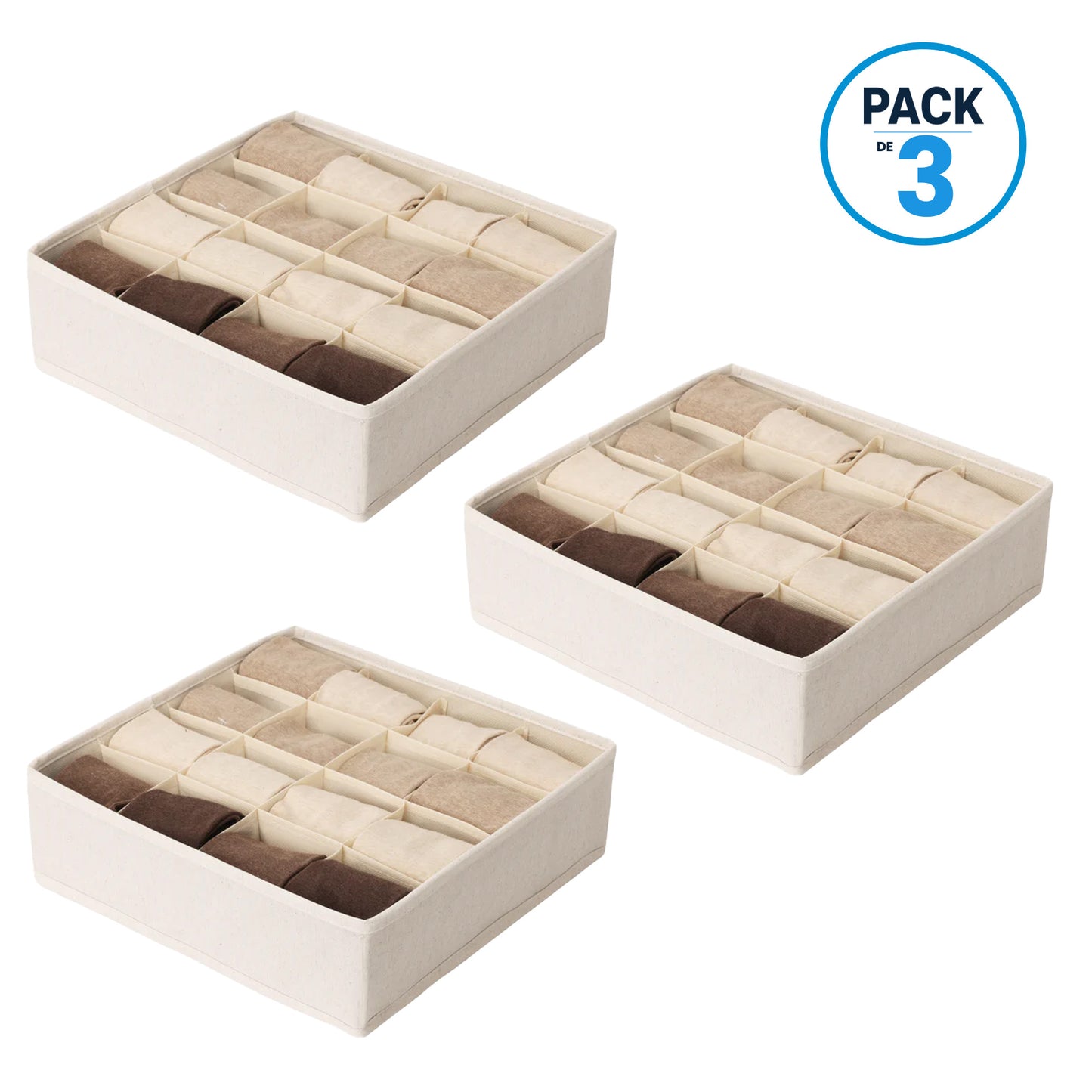 Pack de 3 Cajas Organizadoras Closet Carry All 16 Divisiones Ropa Interior Accesorios Beige