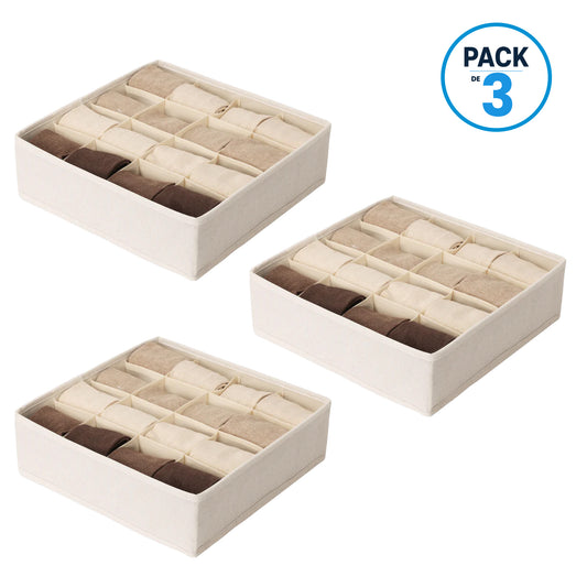 Pack de 3 Cajas Organizadoras Closet Carry All 16 Divisiones Ropa Interior Accesorios Beige