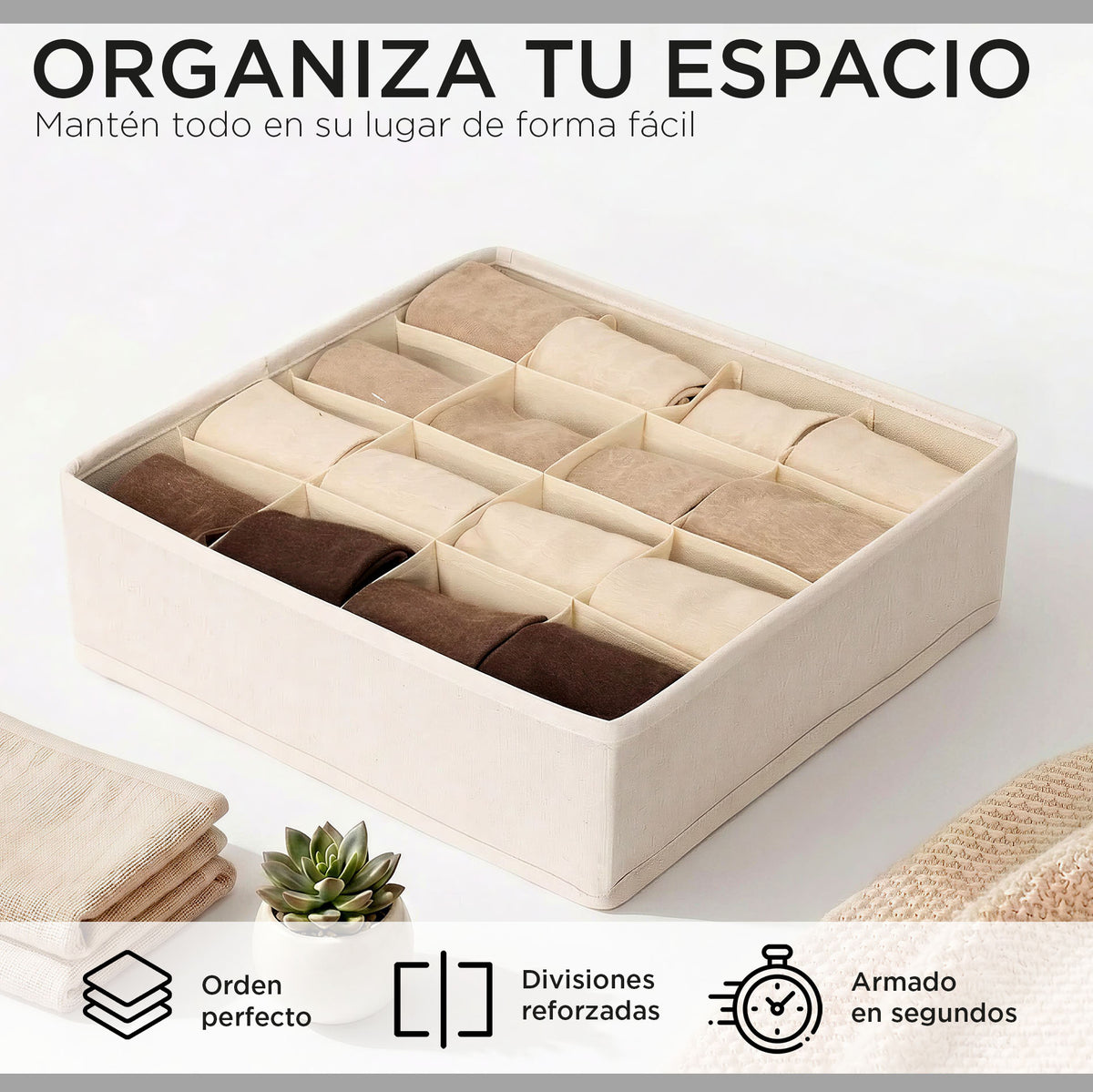 Pack de 3 Cajas Organizadoras Closet Carry All 16 Divisiones Ropa Interior Accesorios Beige