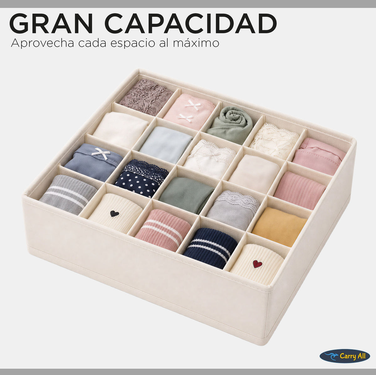 Pack de 3 Cajas Organizadoras Closet Carry All 16 Divisiones Ropa Interior Accesorios Beige