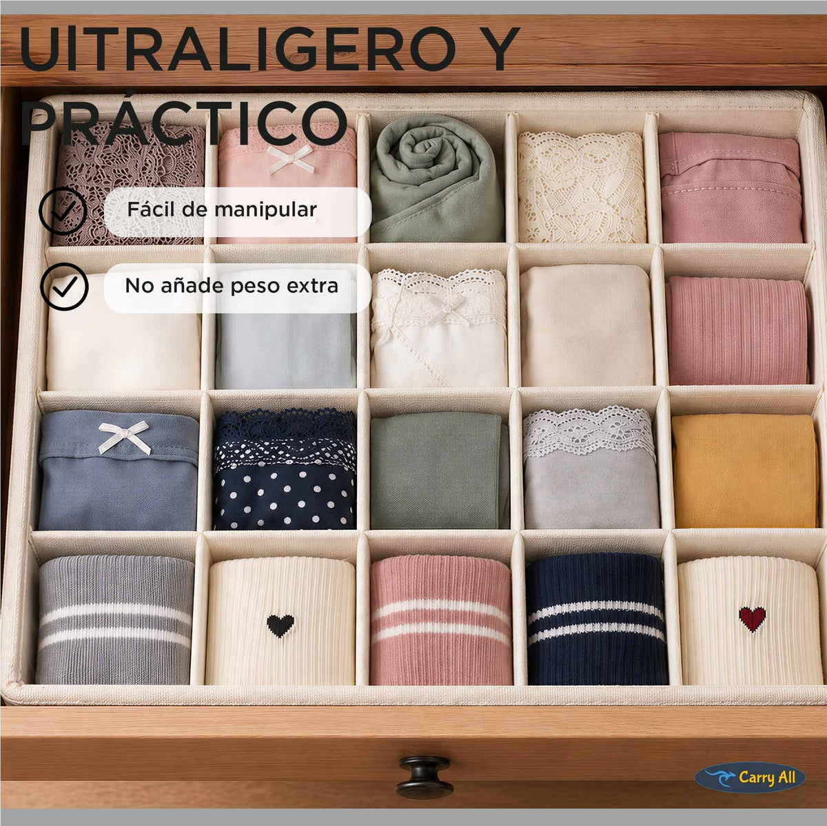 Pack de 3 Cajas Organizadoras Closet Carry All 16 Divisiones Ropa Interior Accesorios Beige