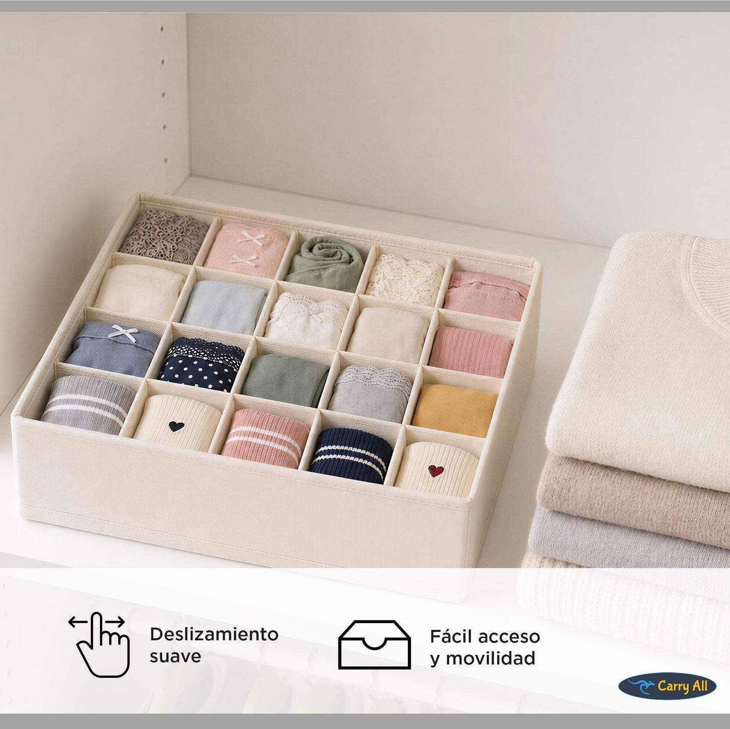Pack de 3 Cajas Organizadoras Closet Carry All 16 Divisiones Ropa Interior Accesorios Beige