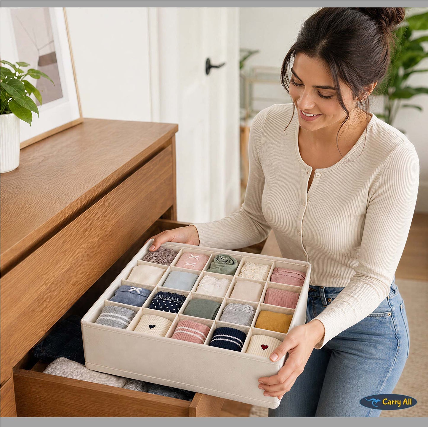 Pack de 3 Cajas Organizadoras Closet Carry All 16 Divisiones Ropa Interior Accesorios Beige