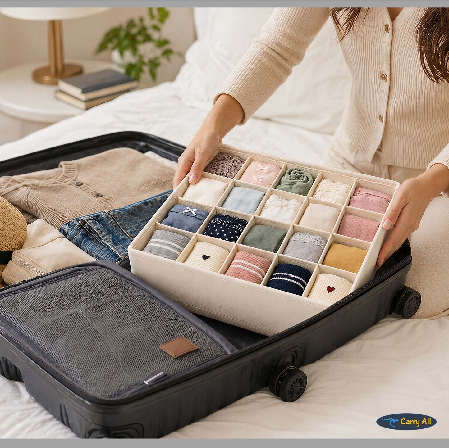 Pack de 3 Cajas Organizadoras Closet Carry All 16 Divisiones Ropa Interior Accesorios Beige