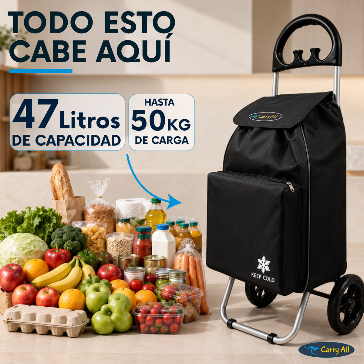 Carrito De Compras Carry All Glasgow 47 Litros Cooler Plegable 50 Kilos Carro De Feria