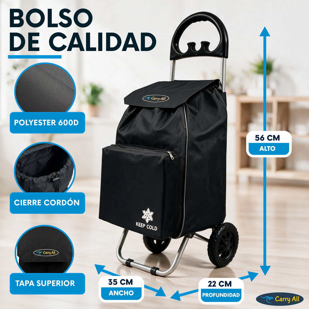 Carrito De Compras Carry All Glasgow 47 Litros Cooler Plegable 50 Kilos Carro De Feria