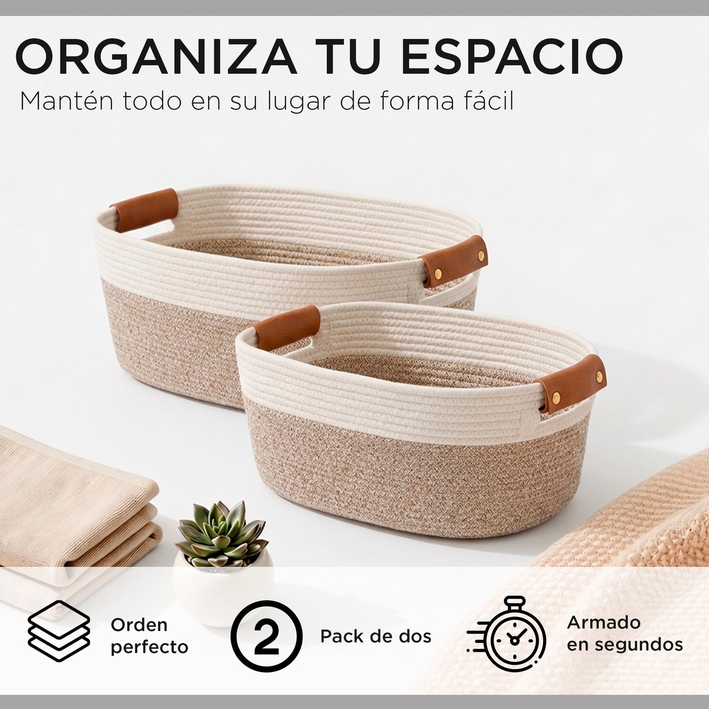 Pack 2 Canastos Cestas Organizadoras De Algodon Carry All Tonos Tierra