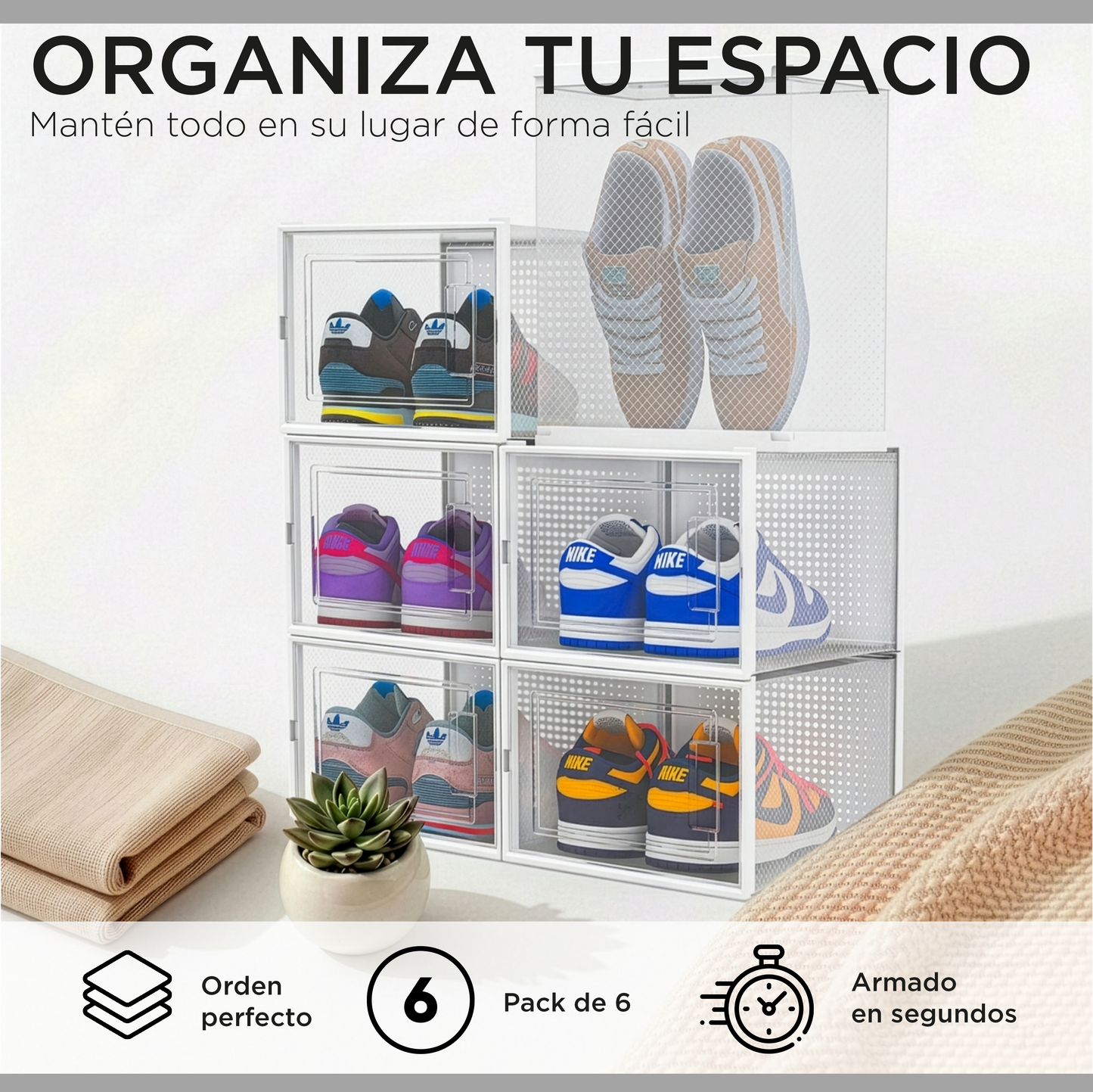 Pack 6 Cajas Organizadoras  Carry All Zapatos Ropa Varios Apilables L
