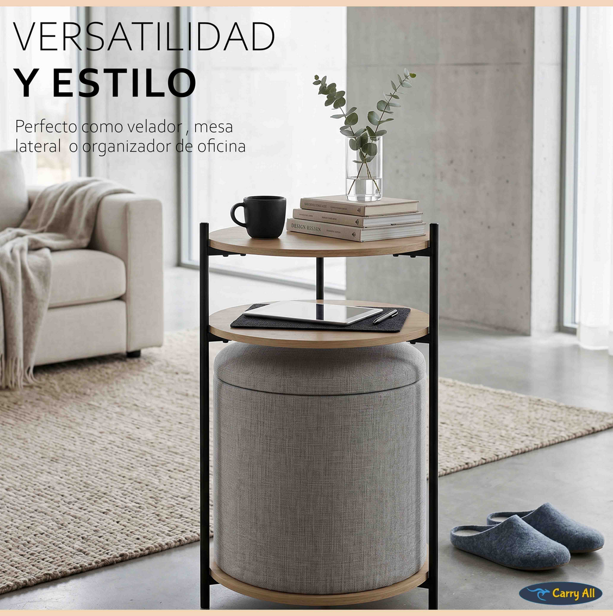 Mesa Centro Arrimo 3 Repisas Carry All Con Pouf Linea Minimalist