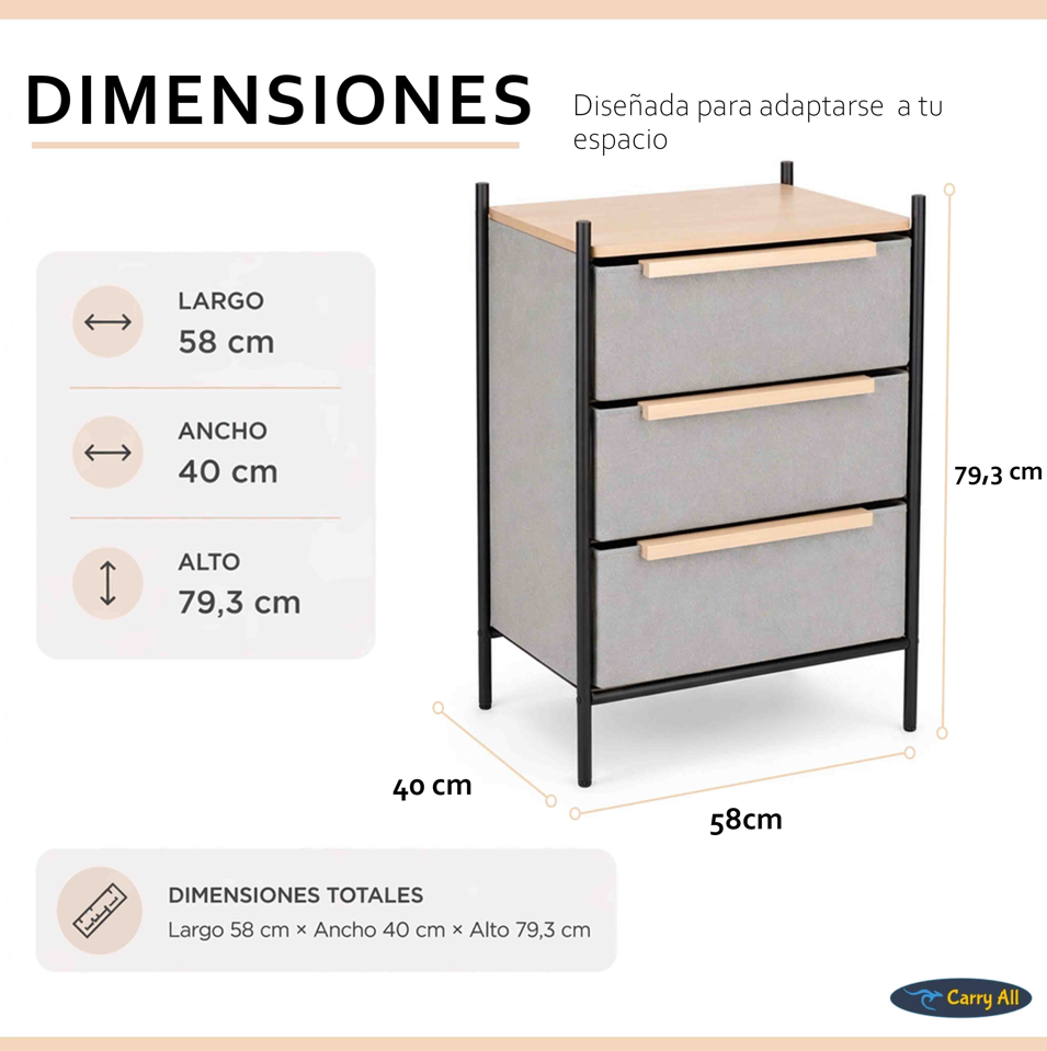 Velador Cajonera Carry All 3 Cajones Línea Minimalist