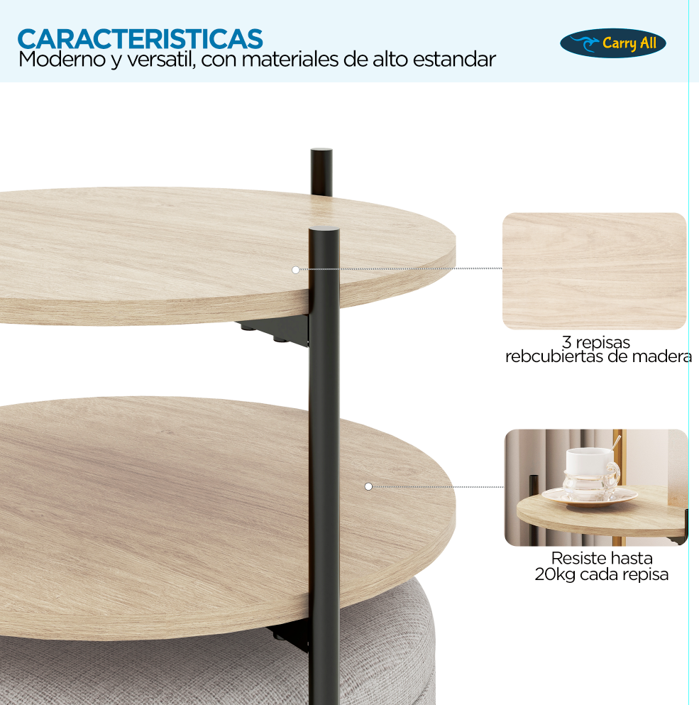 Mesa Centro Arrimo 3 Repisas Carry All Con Pouf Linea Minimalist