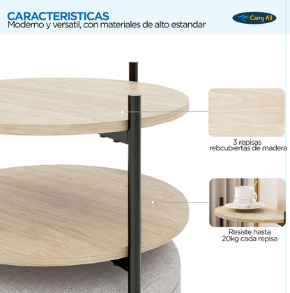 Mesa Centro Arrimo 3 Repisas Carry All Con Pouf Linea Minimalist