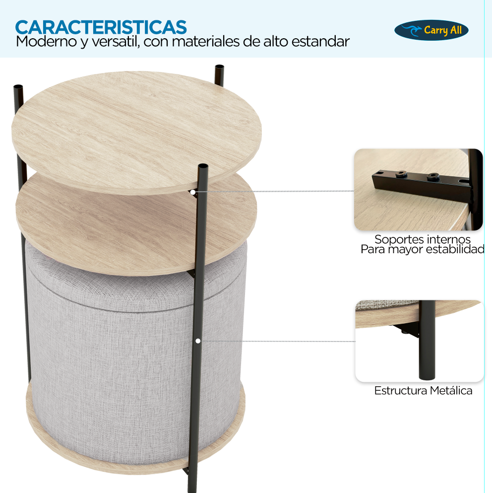Mesa Centro Arrimo 3 Repisas Carry All Con Pouf Linea Minimalist