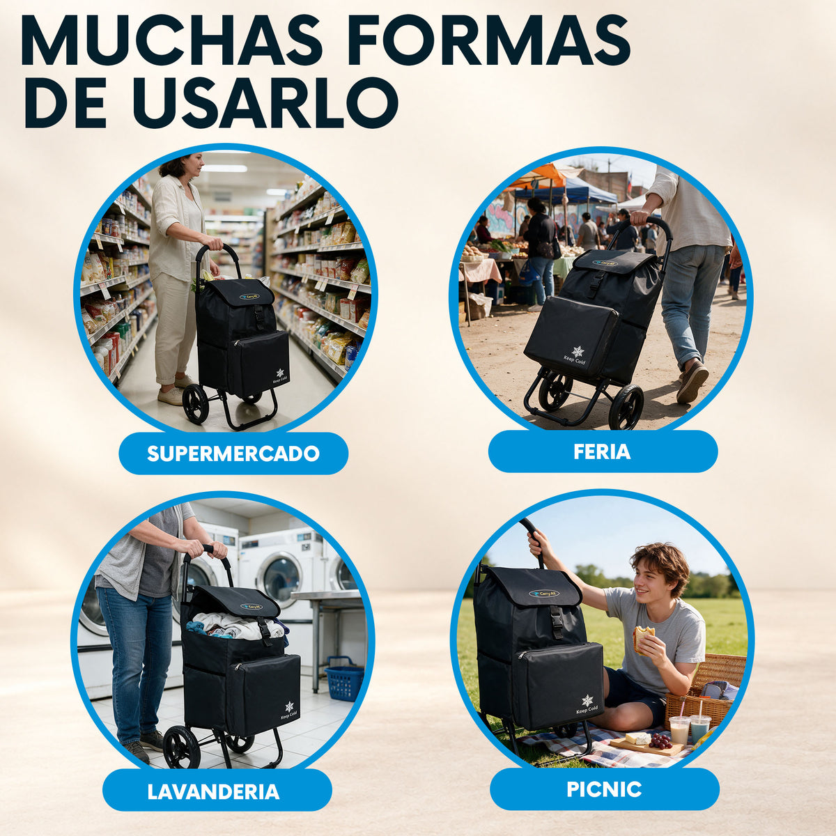 Carrito De Compras Plegable Carry All Sidney 55 Litros Bolsillo Cooler Carro Feria