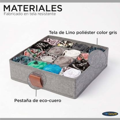 Pack de 3 Cajas Organizadoras Closet Carry All 16 Divisiones Ropa Interior Accesorios Gris