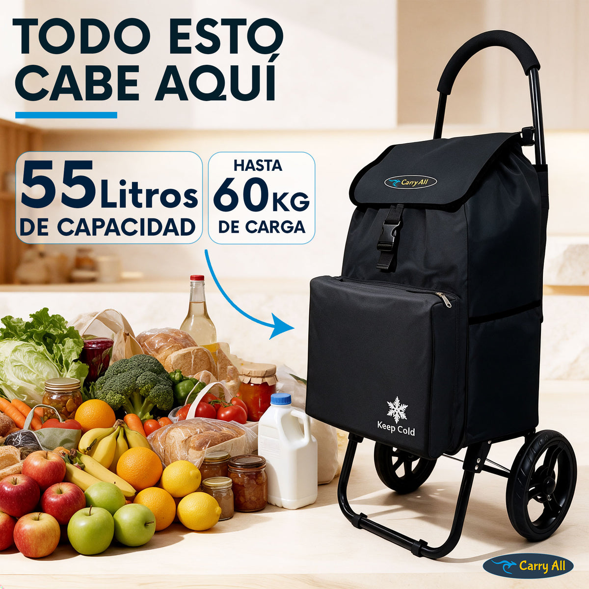 Carrito De Compras Plegable Carry All Sidney 55 Litros Bolsillo Cooler Carro Feria