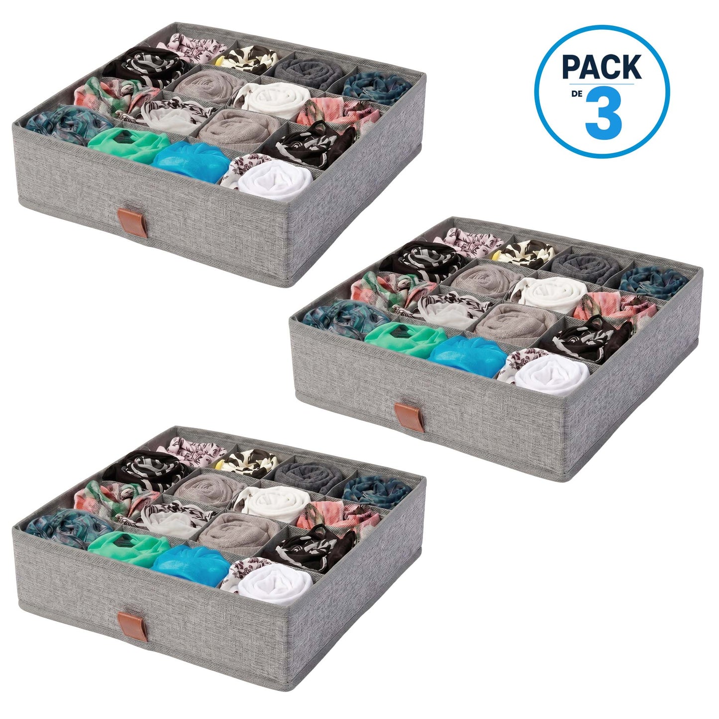 Pack de 3 Cajas Organizadoras Closet Carry All 16 Divisiones Ropa Interior Accesorios Gris