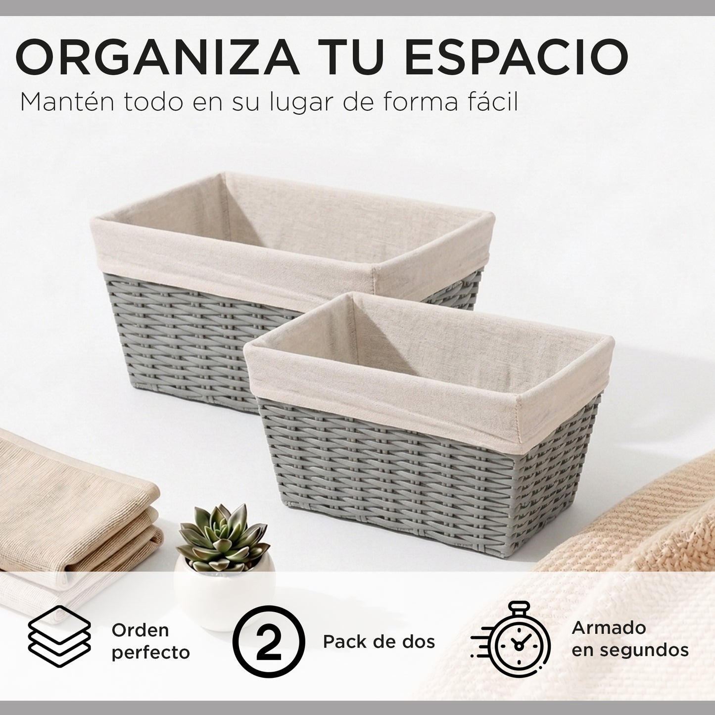 Pack 2 Canastos Cestas Organizadoras Carry All Estilo Ratán Gris M