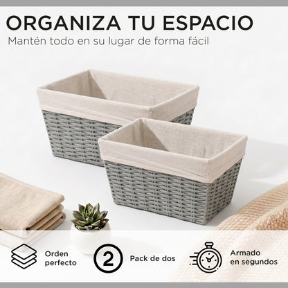 Pack 2 Canastos Cestas Organizadoras Carry All Estilo Ratán Gris M
