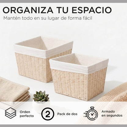Pack 2 Canastos Cestas Organizadoras Carry All Estilo Ratán Crema M