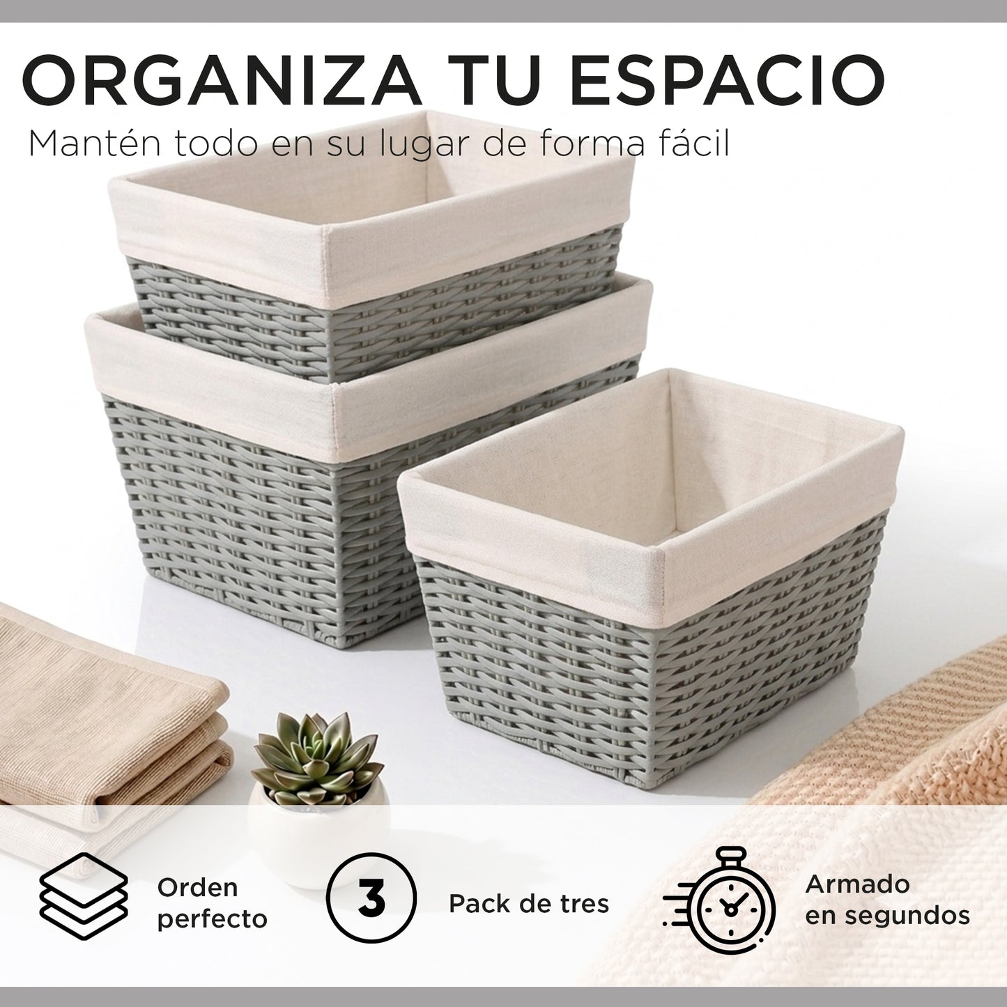 Pack 3 Canastos Cestas Organizadoras Carry All Estilo Ratán Gris S