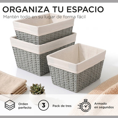 Pack 3 Canastos Cestas Organizadoras Carry All Estilo Ratán Gris S
