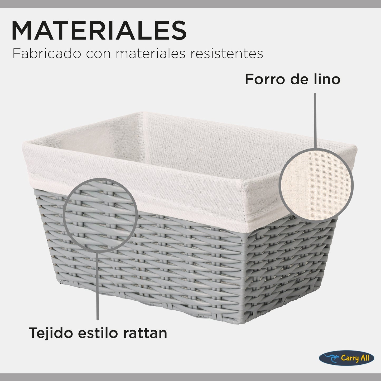 Pack 3 Canastos Cestas Organizadoras Carry All Estilo Ratán Gris S