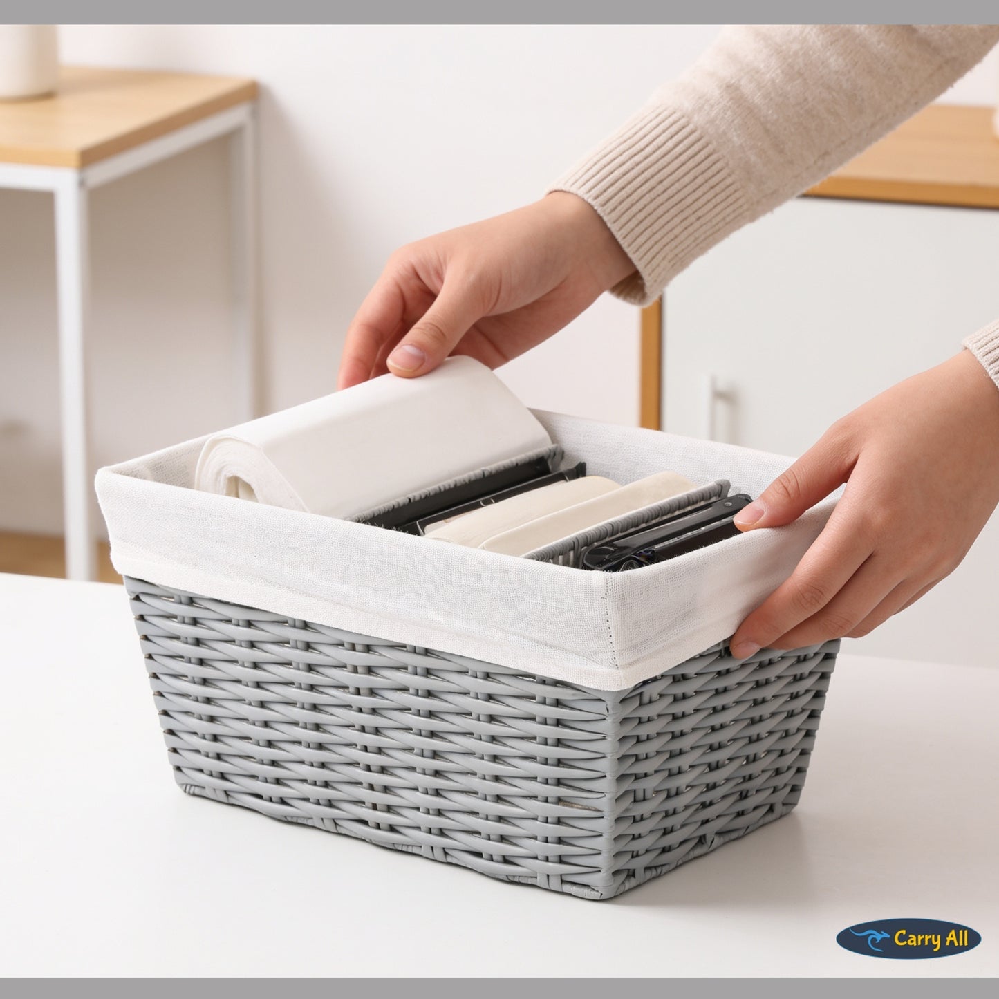 Pack 3 Canastos Cestas Organizadoras Carry All Estilo Ratán Gris S