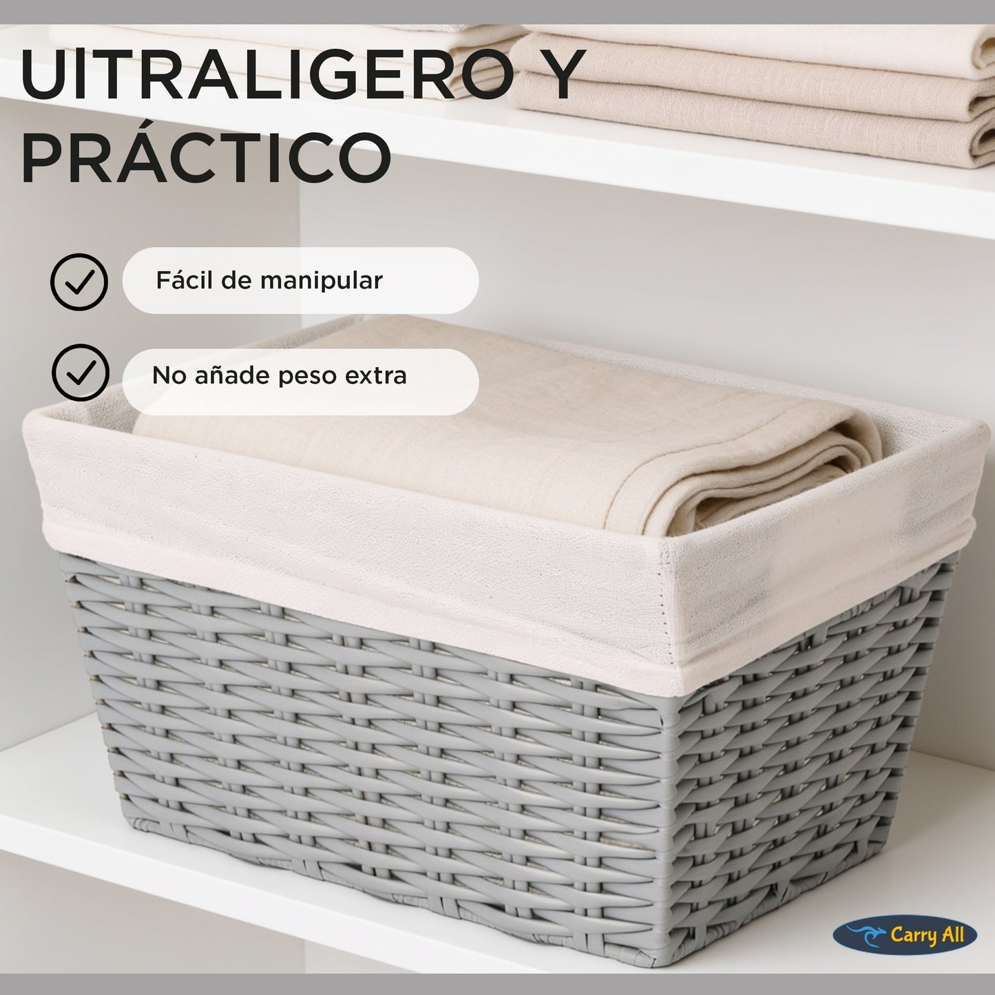 Pack 3 Canastos Cestas Organizadoras Carry All Estilo Ratán Gris S