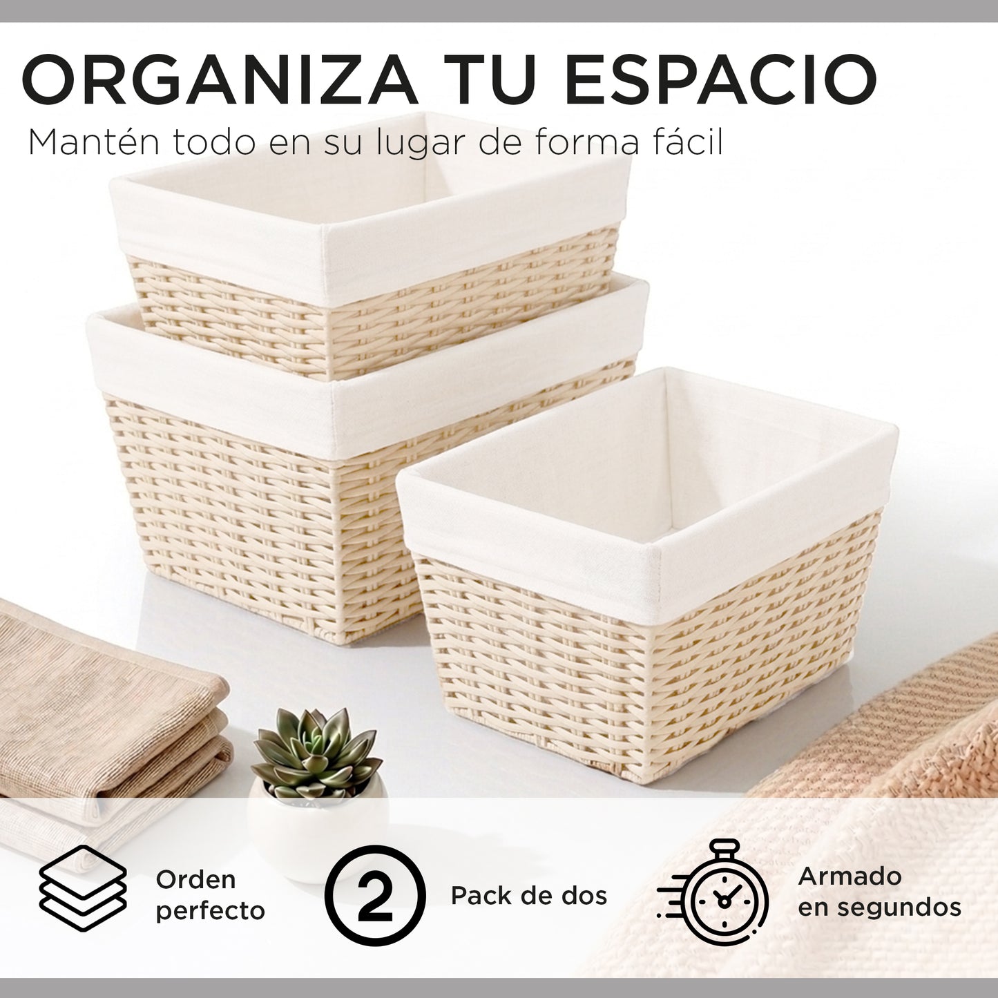 Pack 3 Canastos Cestas Organizadoras Carry All Estilo Ratán Crema S