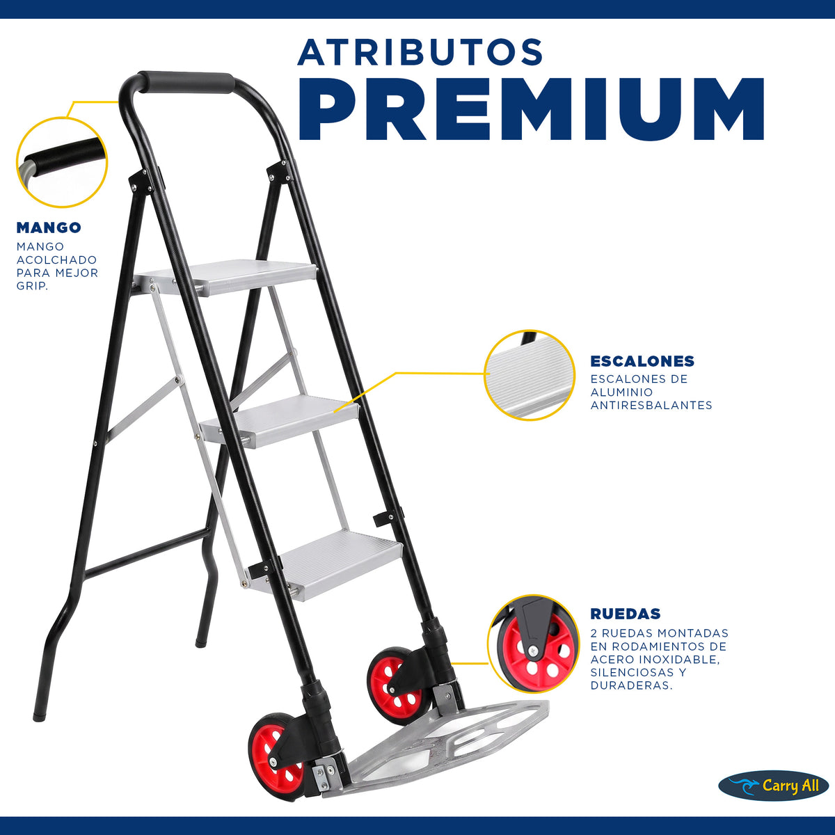 Escalera 3 Peldaños Y Carro De Carga Carry All Plegable Tipo Yegua 2 En 1