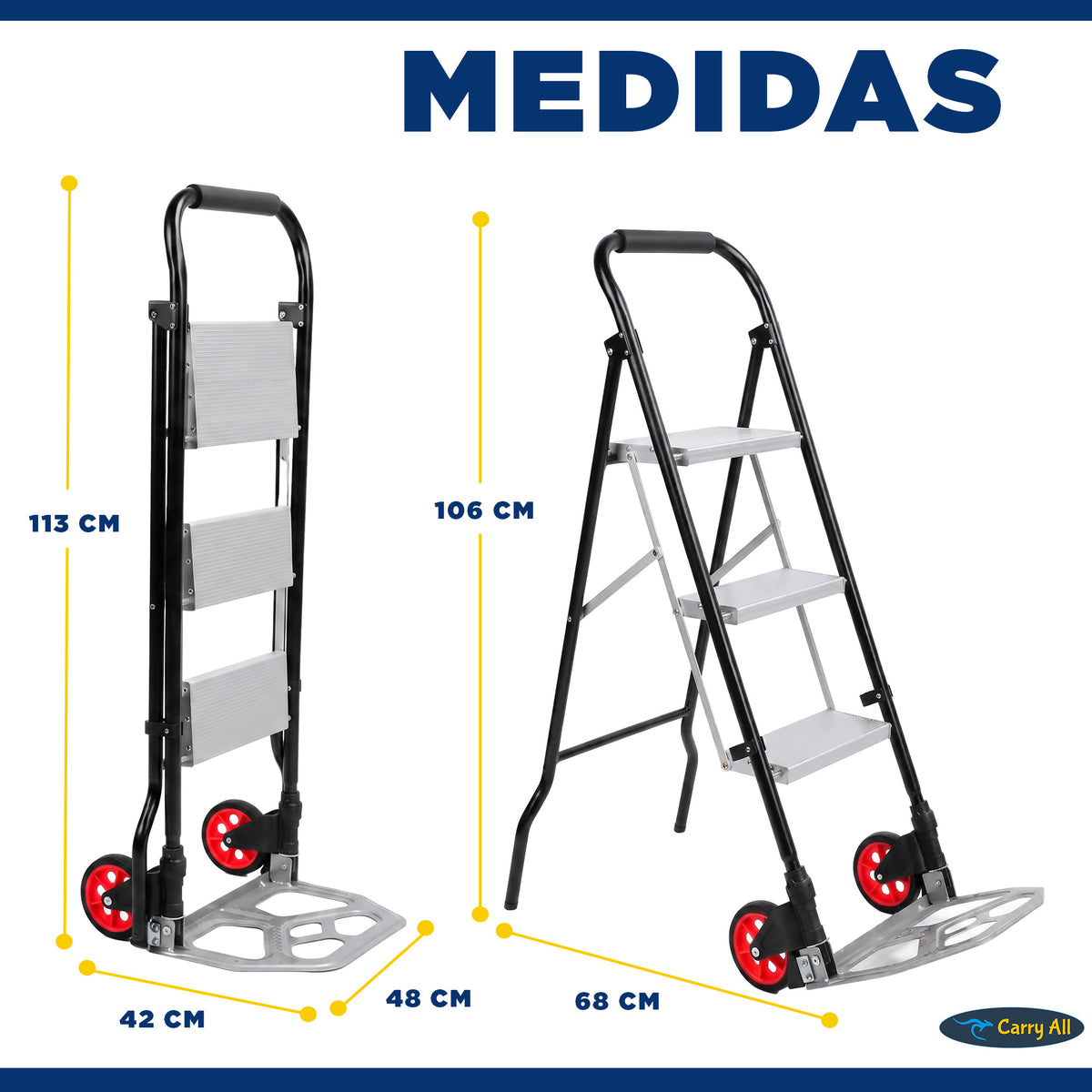 Escalera 3 Peldaños Y Carro De Carga Carry All Plegable Tipo Yegua 2 En 1
